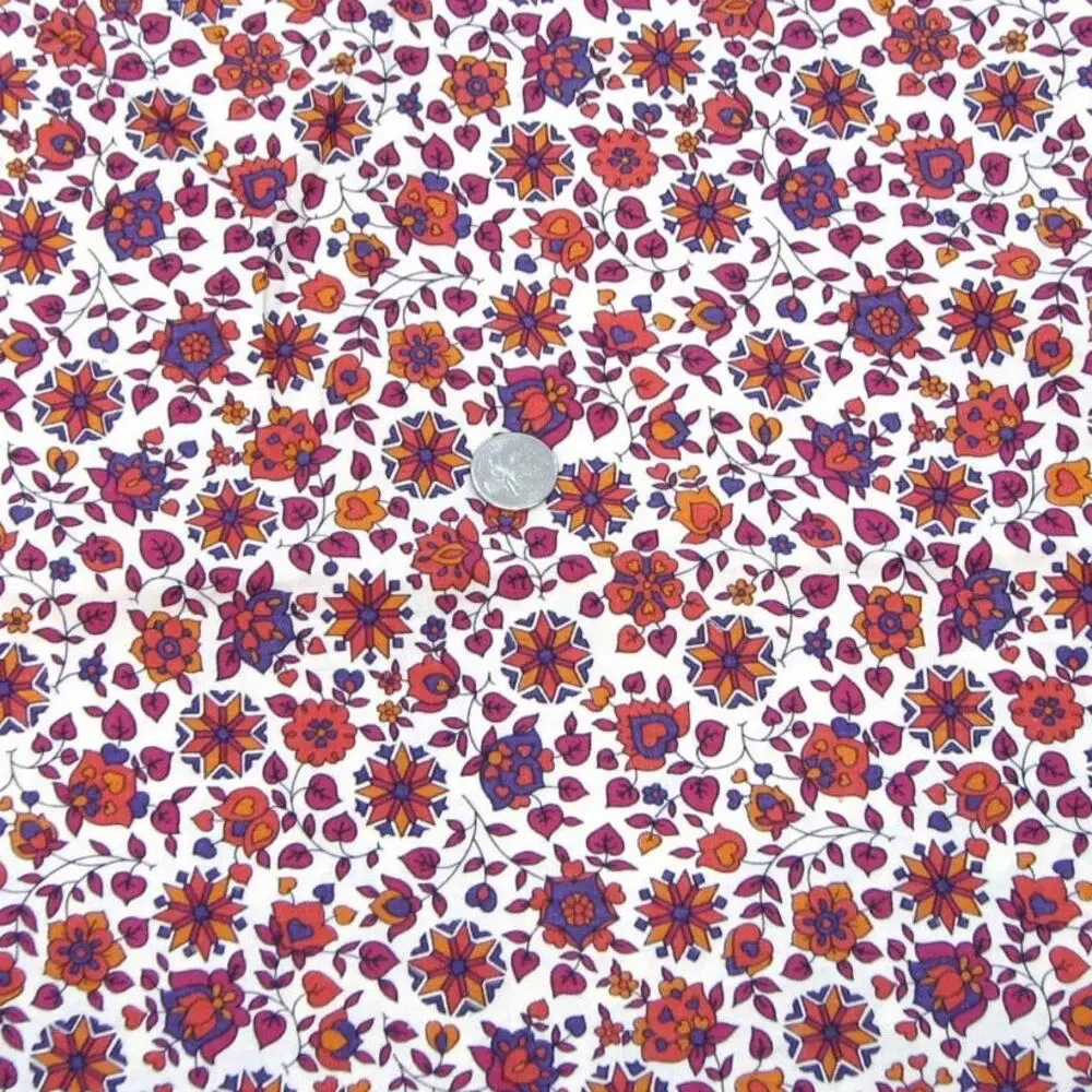 Vintage 70s Fabric Floral Cotton Fabric Cream Orange Red Purple 126” x 36”